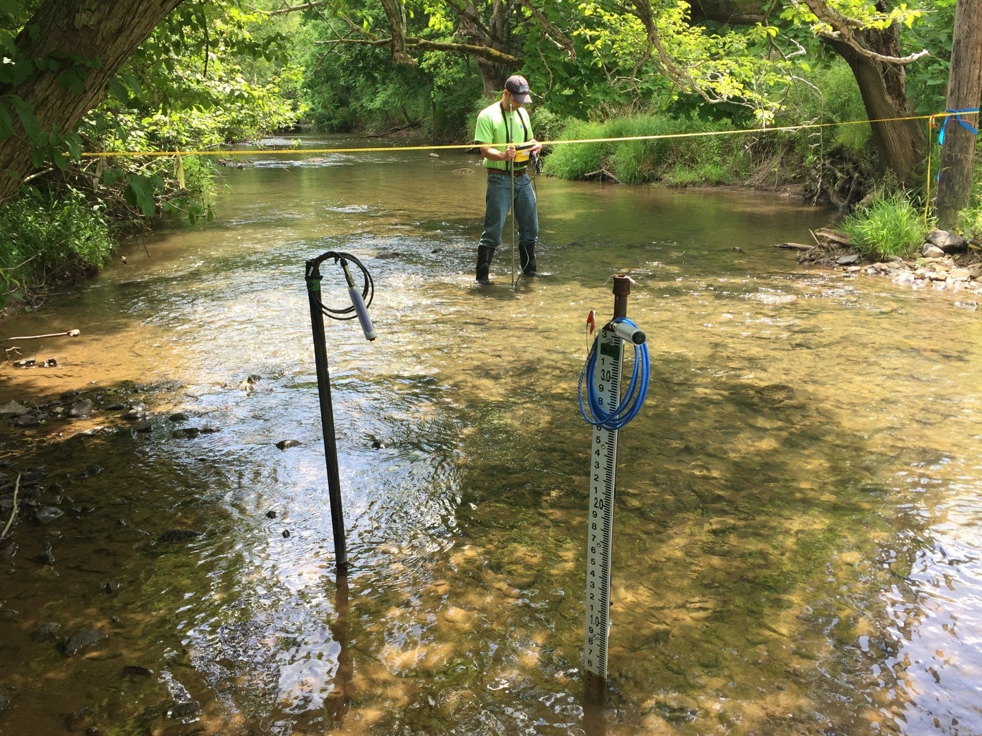Man in larger stream taking measurements of flow and height; ARM Group Water Resources & Natural Gas Services