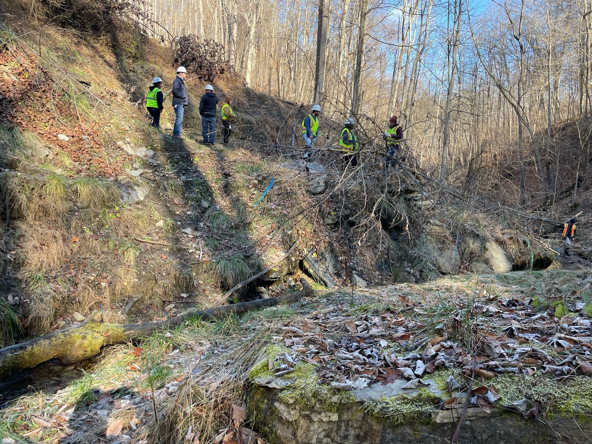 Field crew from ARM Group inspecting erosion conditions and exposed streambank during a pipeline geohazard assessment in a wooded area.
