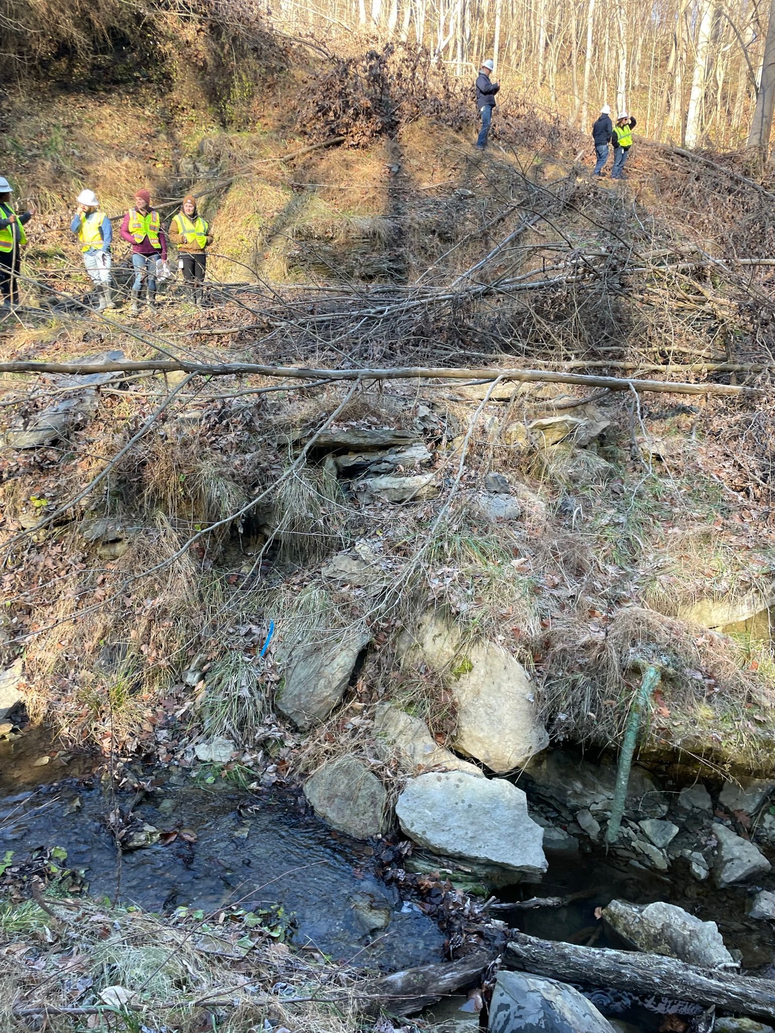 ARM Group engineers and field team evaluating unstable streambanks with visible geohazard risks, surrounded by rock outcrops and dense leaf litter.
