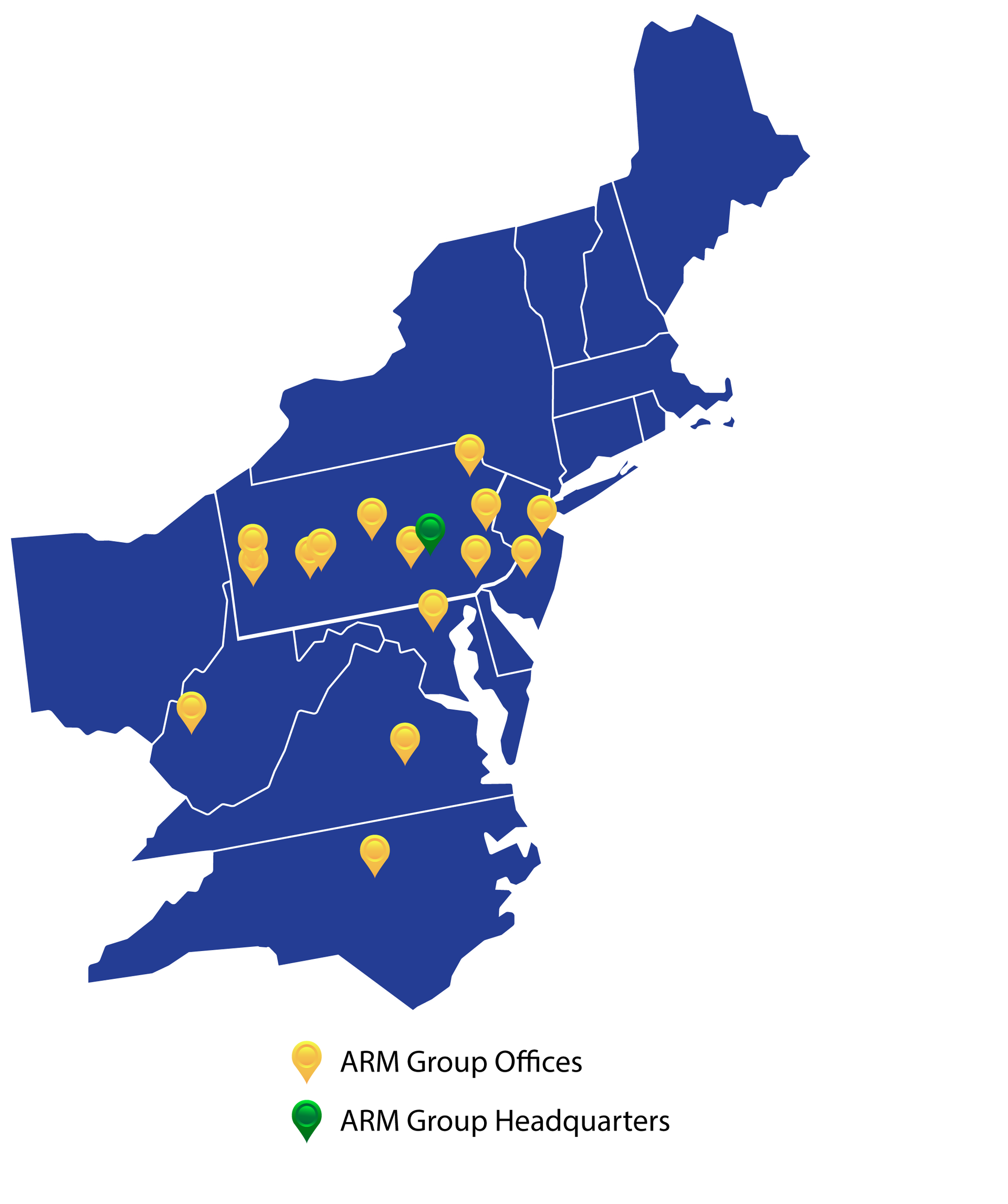 Blue vector map with pins for each office location for ARM Group Enterprises Inc.  A green pin for the Hershey, PA location, and yellow pins for all other 15 locations throughout the Mid-Atlantic.