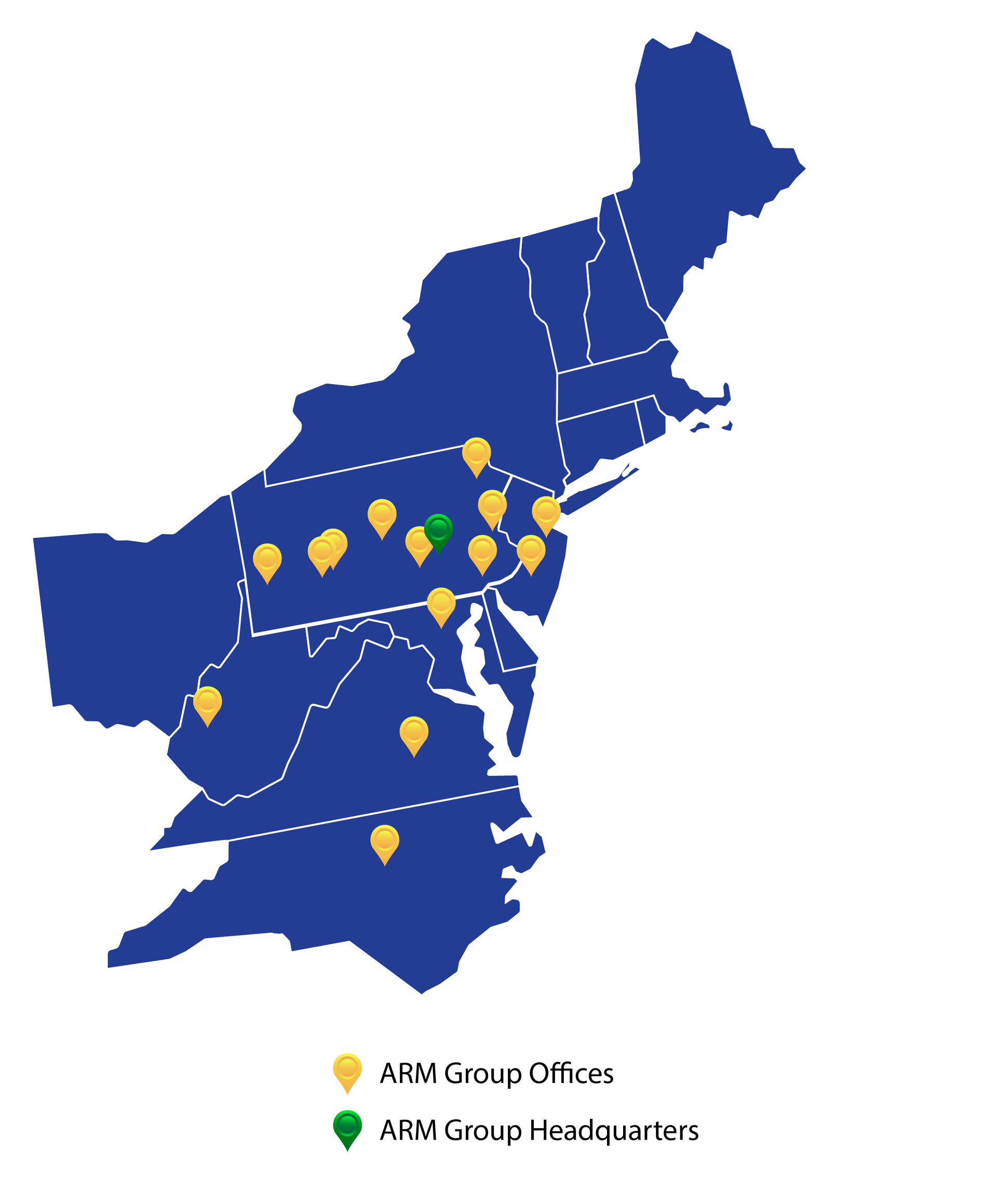 Blue vector map with pins for each office location for ARM Group Enterprises Inc.  A green pin for the Hershey, PA location, and yellow pins for all other 15 locations throughout the Mid-Atlantic.