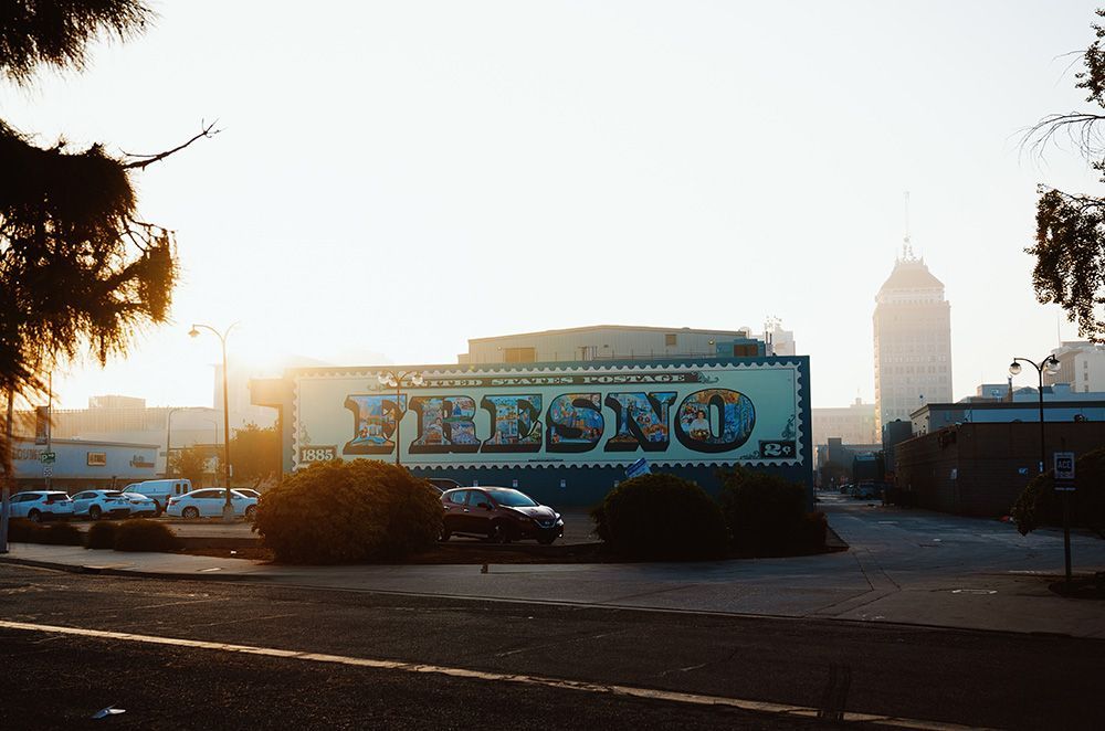 mural of Fresno stamp on side of buidling