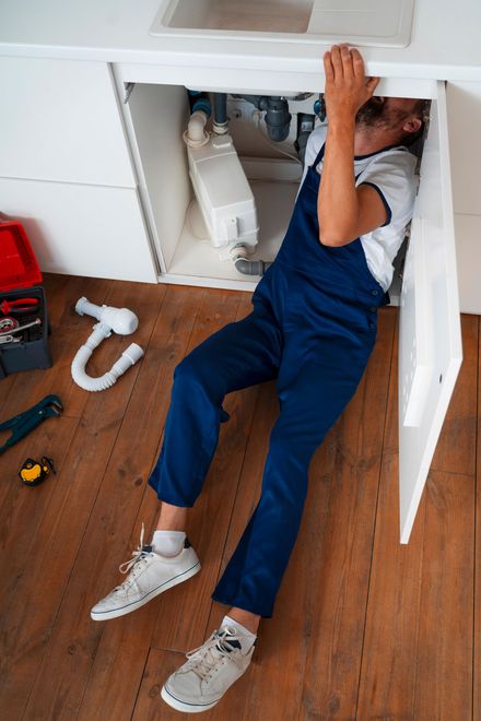Plumber in blue overalls working under a kitchen sink, tools nearby on the wooden floor.