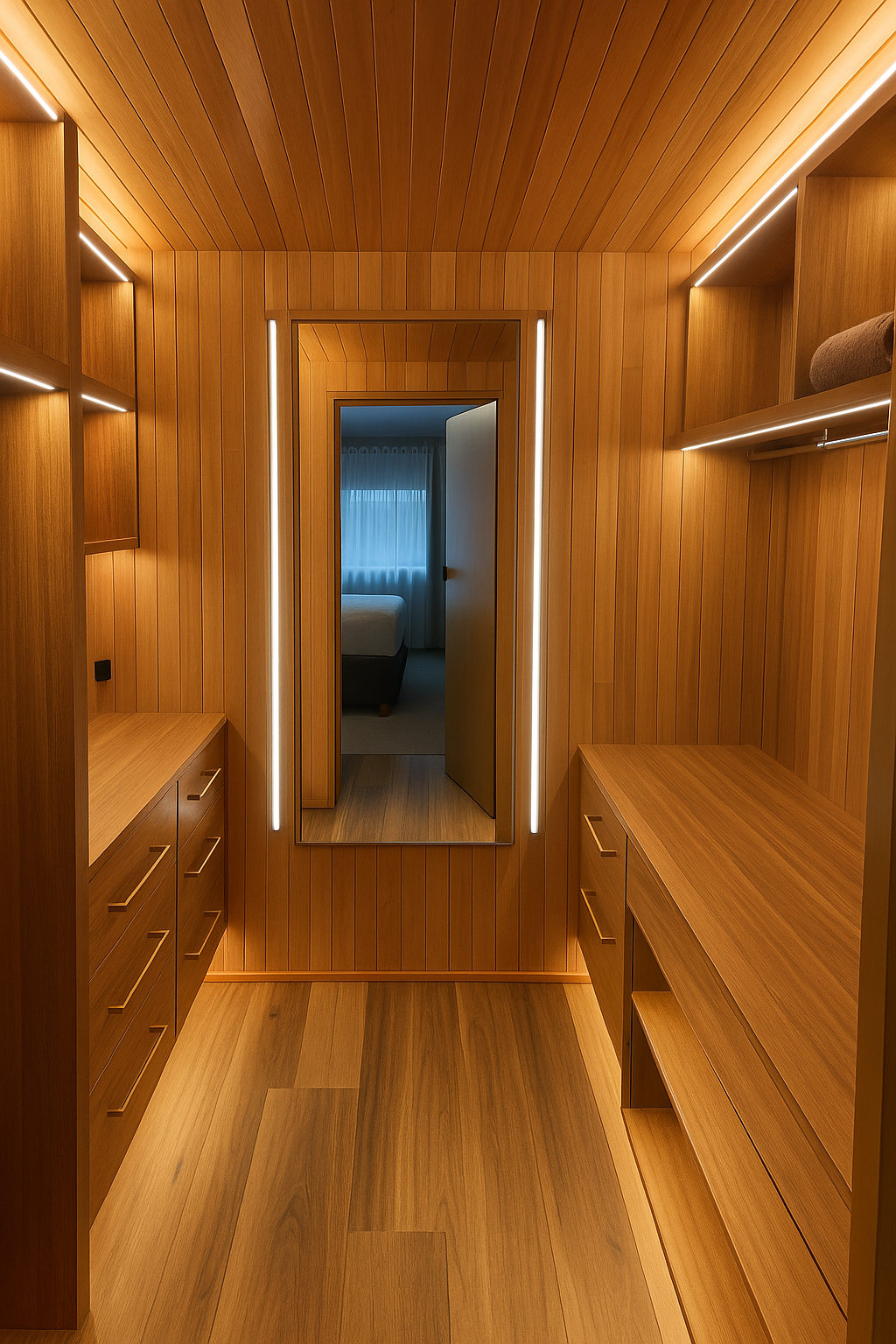 A Wooden Wardrobe Has Strip Lighting — Riselectrical In Currumbin Waters, QLD