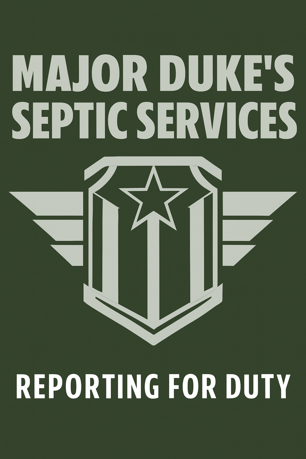 Logo for Major Duke's Septic Services, features text and a military-style badge with a star, wings, on a green background.