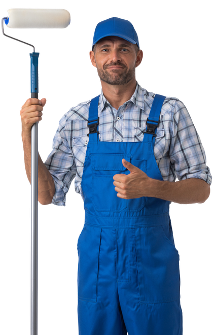Painter in blue overalls holding a paint roller, giving a thumbs up.