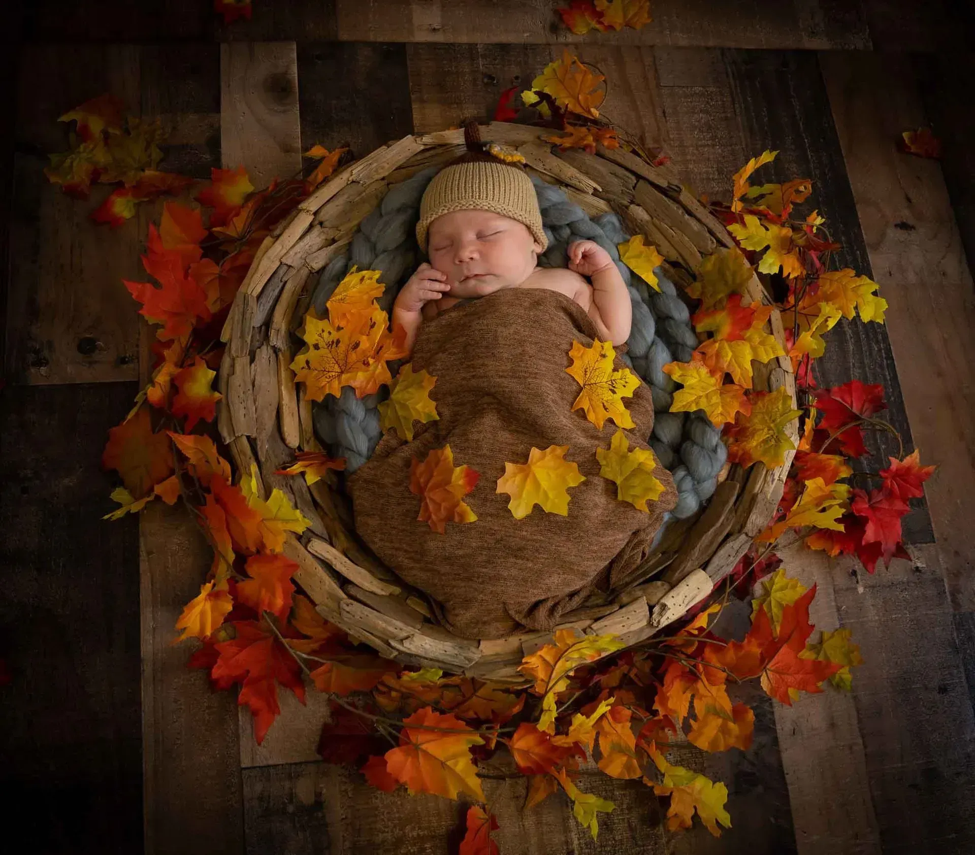 A newborn baby is laying in a basket surrounded by leaves.