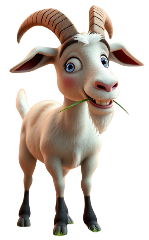 Cartoon goat with white fur, big blue eyes, and curved horns, eating grass.