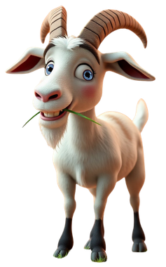 A cartoon goat with horns and a green stick in its mouth
