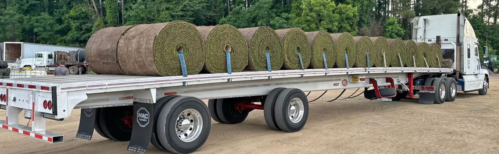 A semi truck is carrying rolls of grass on a trailer.