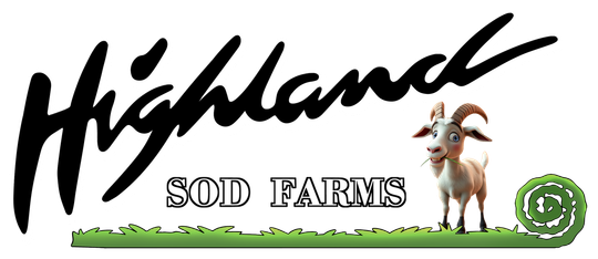 Logo for Highland Sod Farms featuring a smiling goat and grass.