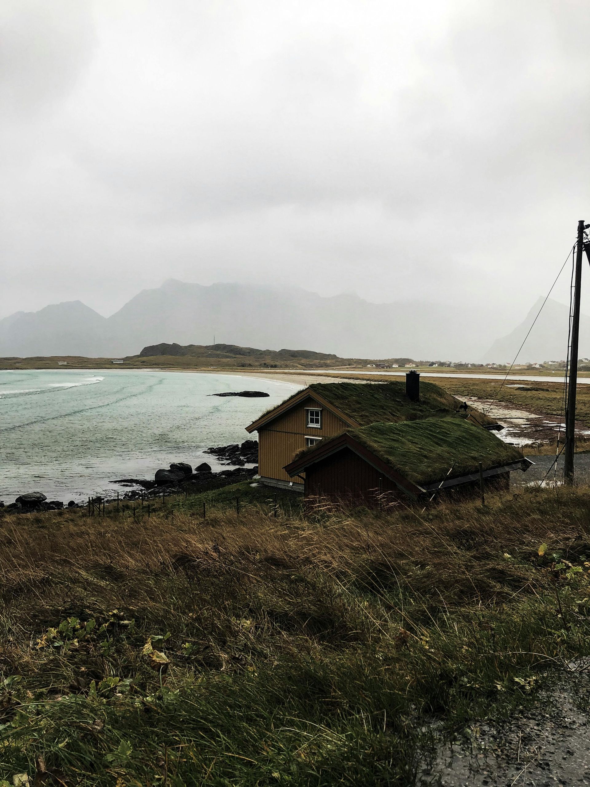 A small house with a green roof is sitting next to a body of water.