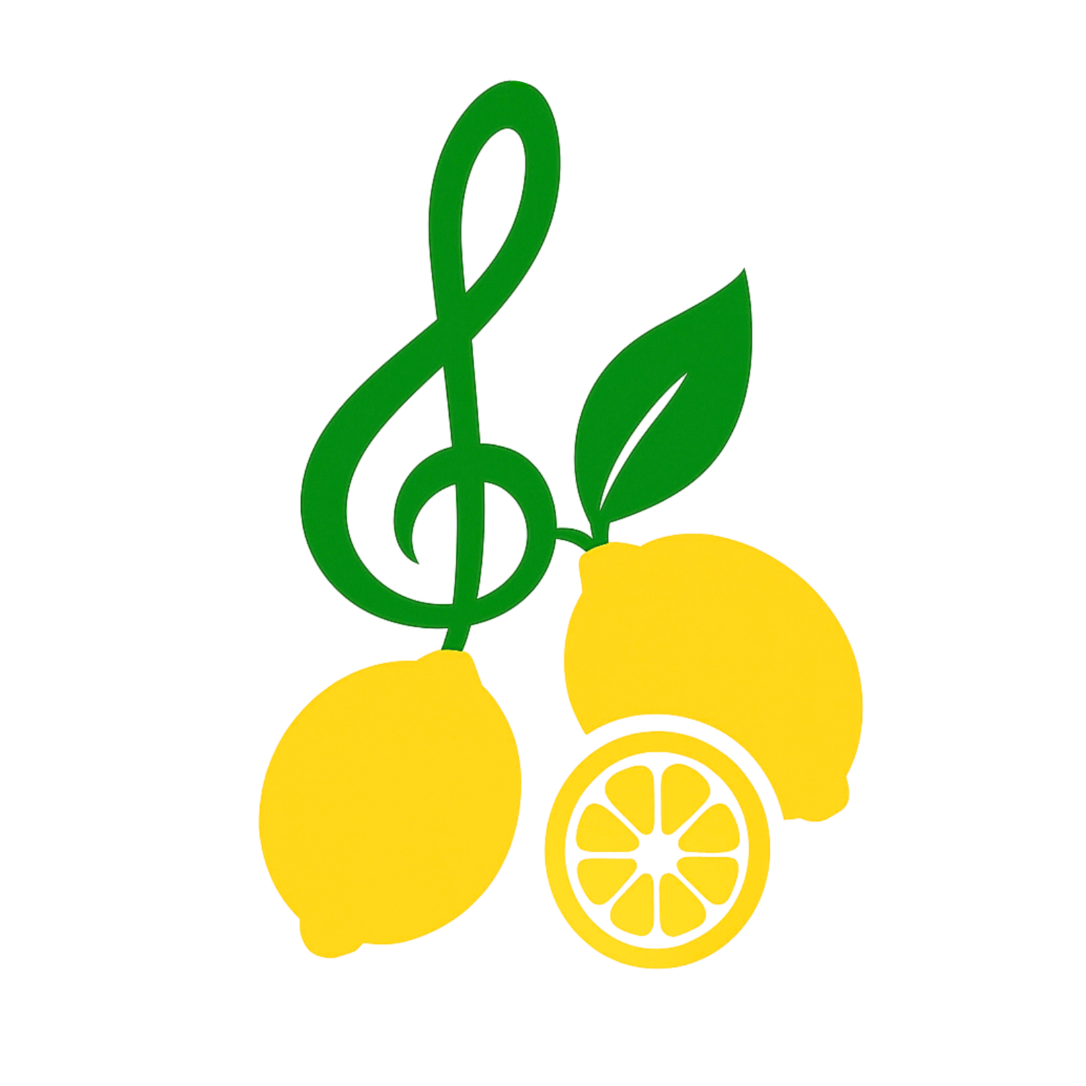 Chiave di violino verde e foglia con limoni gialli; uno tagliato a met&agrave;.