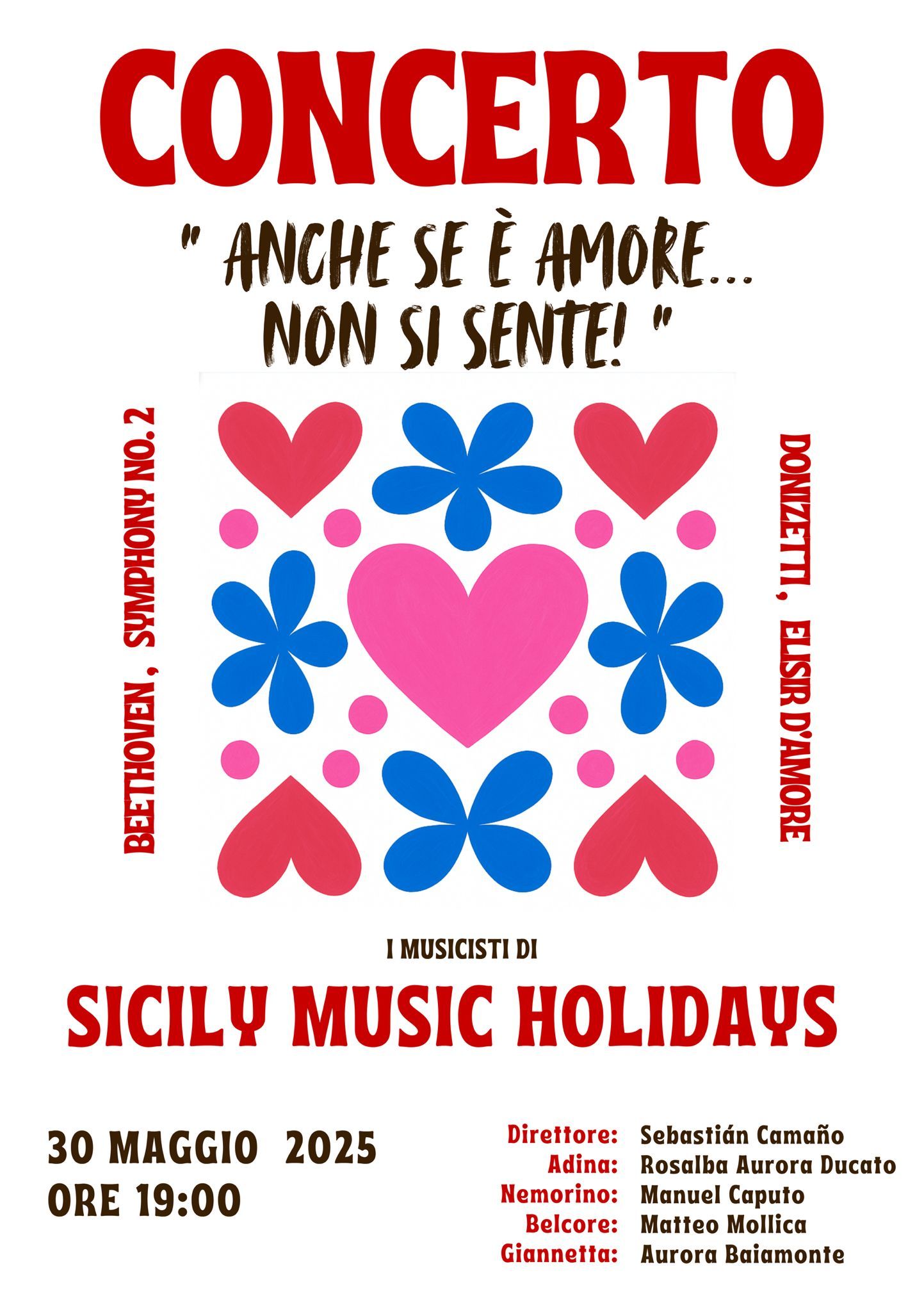 Manifesto del concerto con disegno a cuore e fiore. Titolo del concerto 