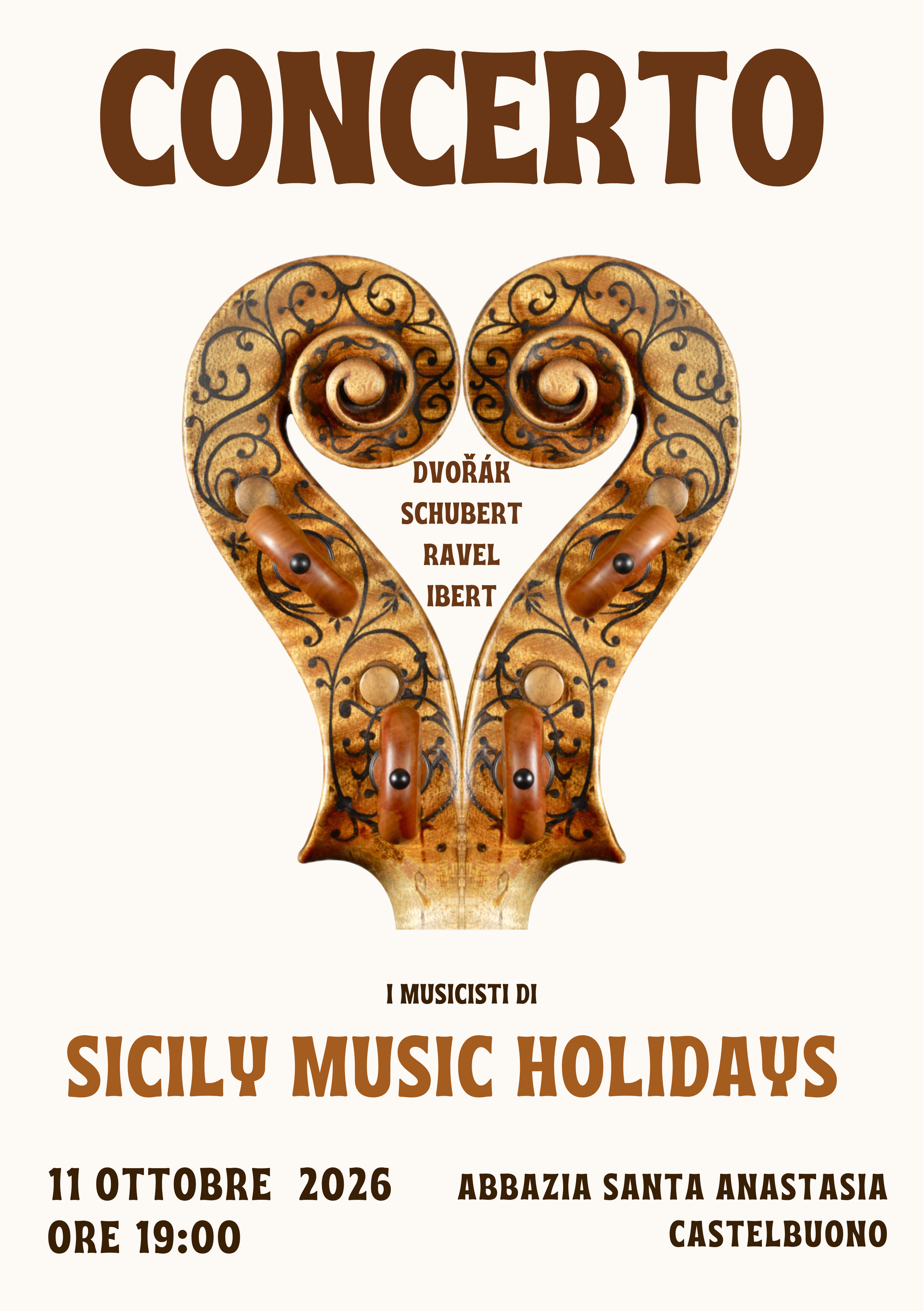 Manifesto del concerto con disegno a cuore e fiore. Titolo del concerto 