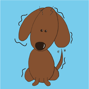 A brown dog is sitting on a blue background