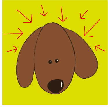 A cartoon drawing of a brown dog with red arrows pointing at it