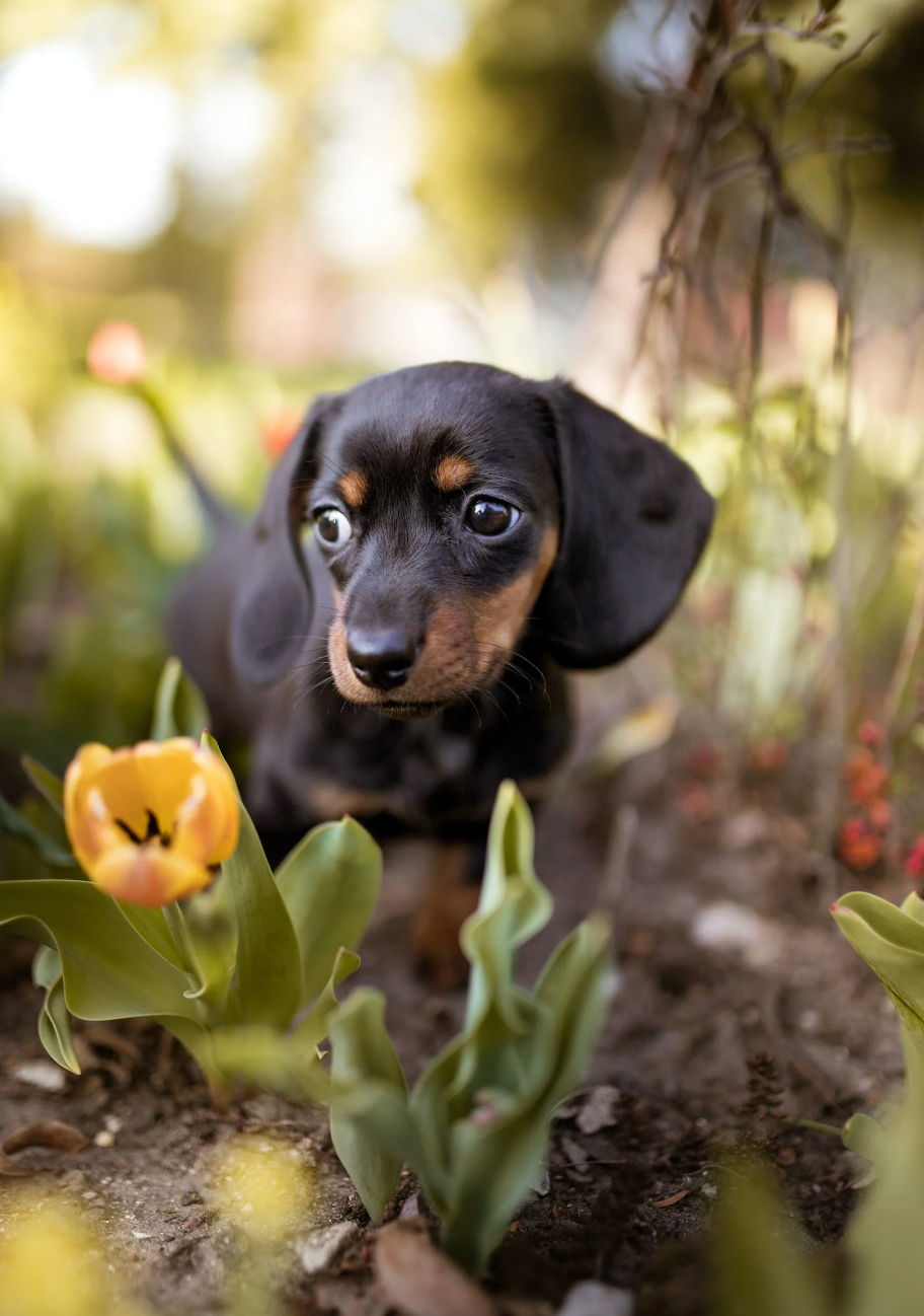 Beautiful sausage dog puppy in flowers