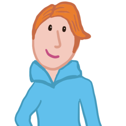 A cartoon of a man with red hair wearing a blue hoodie