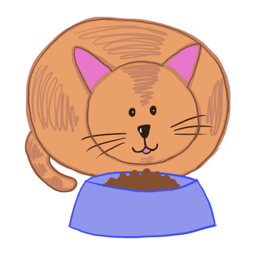 A cartoon cat is sitting on top of a blue bowl of food.