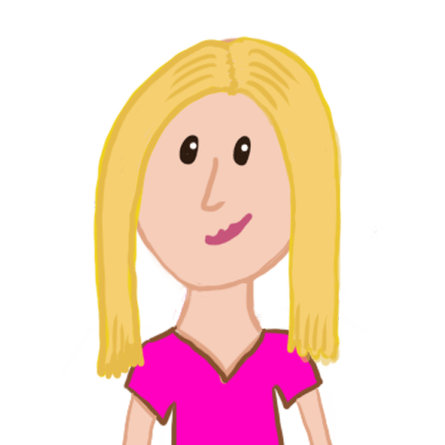 A cartoon drawing of a woman with blonde hair and a pink shirt