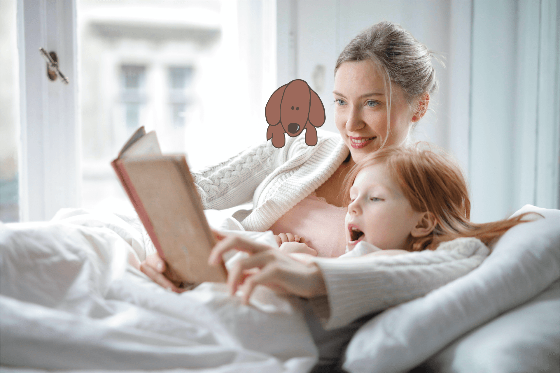 A woman is reading a book to a little girl in bed.