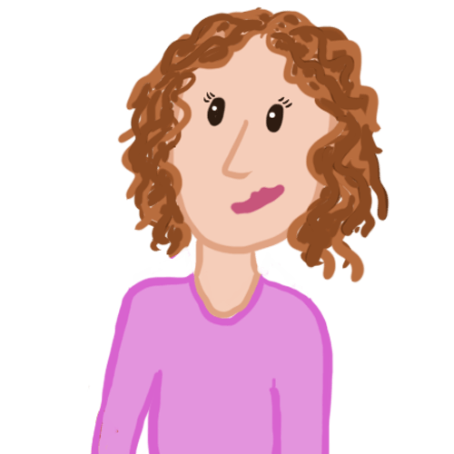 A cartoon drawing of a woman with curly hair wearing a pink shirt