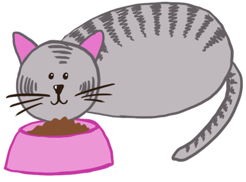 A cat is eating food from a pink bowl.