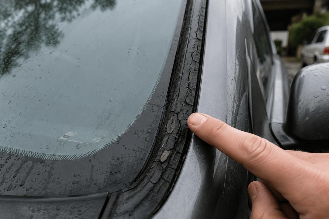 Finger pointing at a cracked rubber seal on a gray car window