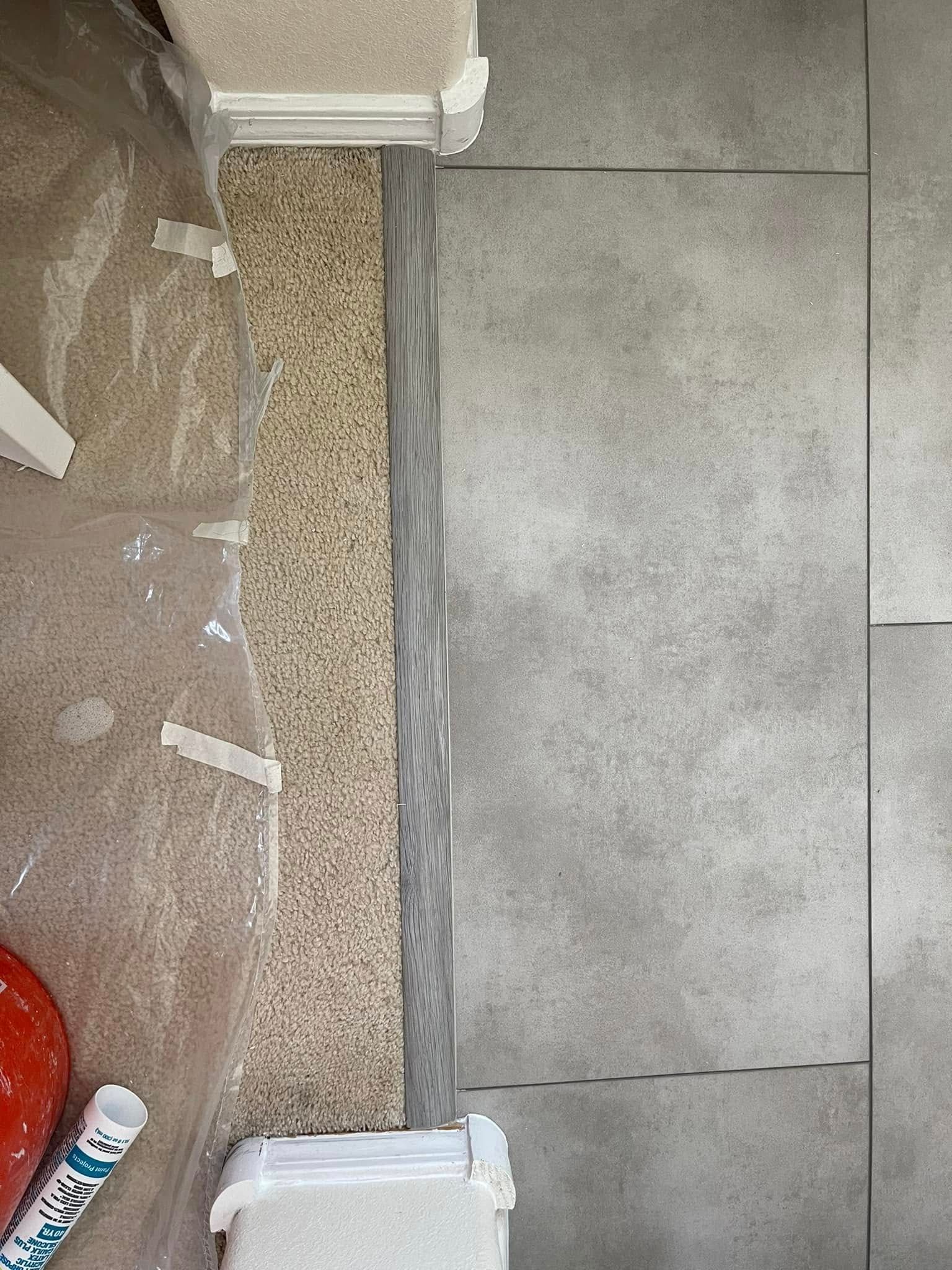 Tile flooring meeting beige carpet with a narrow metal transition strip and a small white object at the bottom.