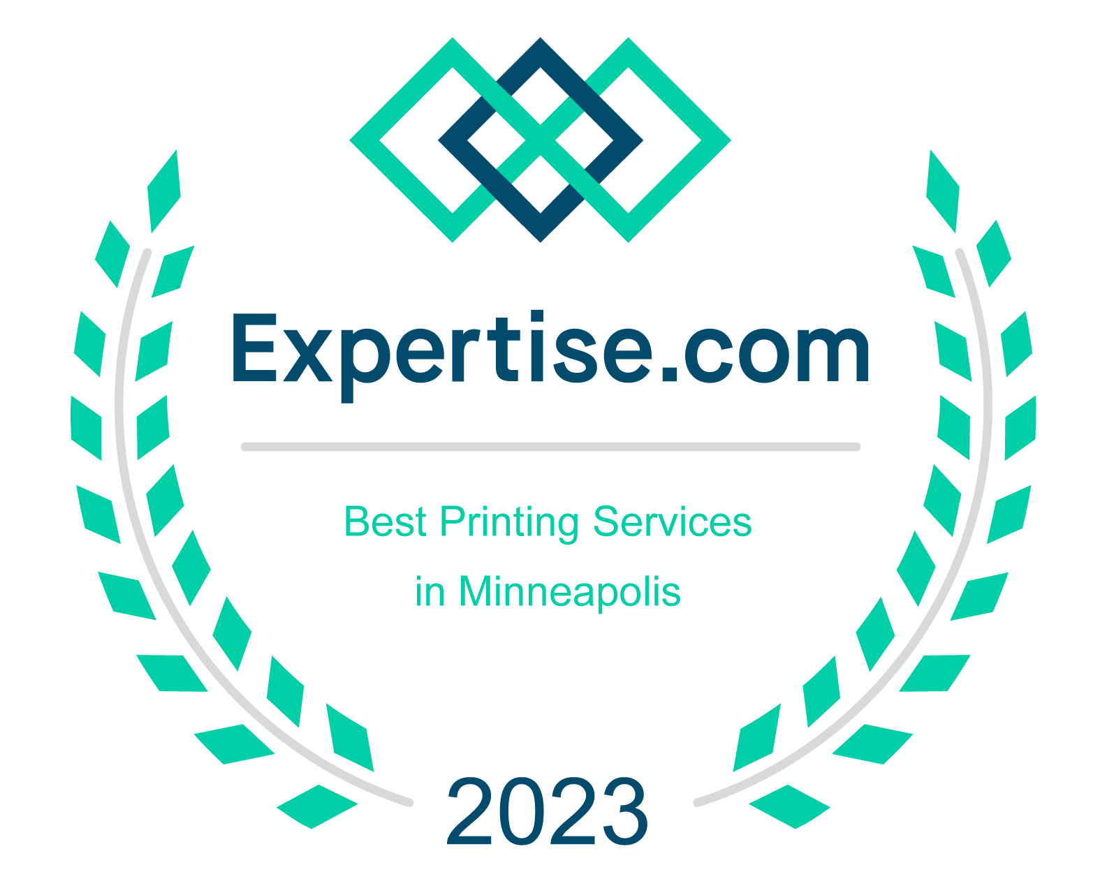 Expertise.com award badge for Best Printing Services in Minneapolis, 2023, in teal and white