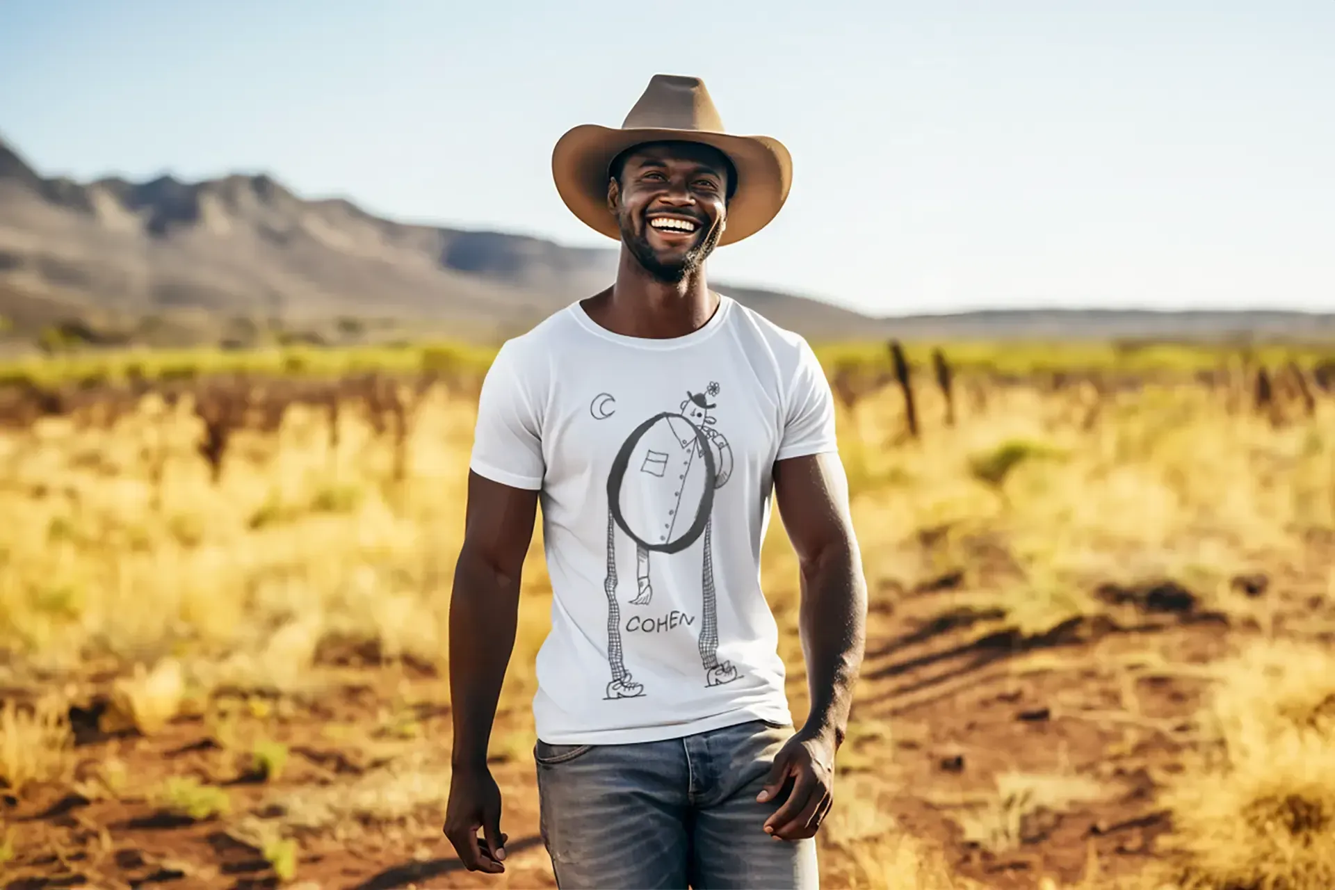 A man with a beard is wearing a black t-shirt with a robot on it.