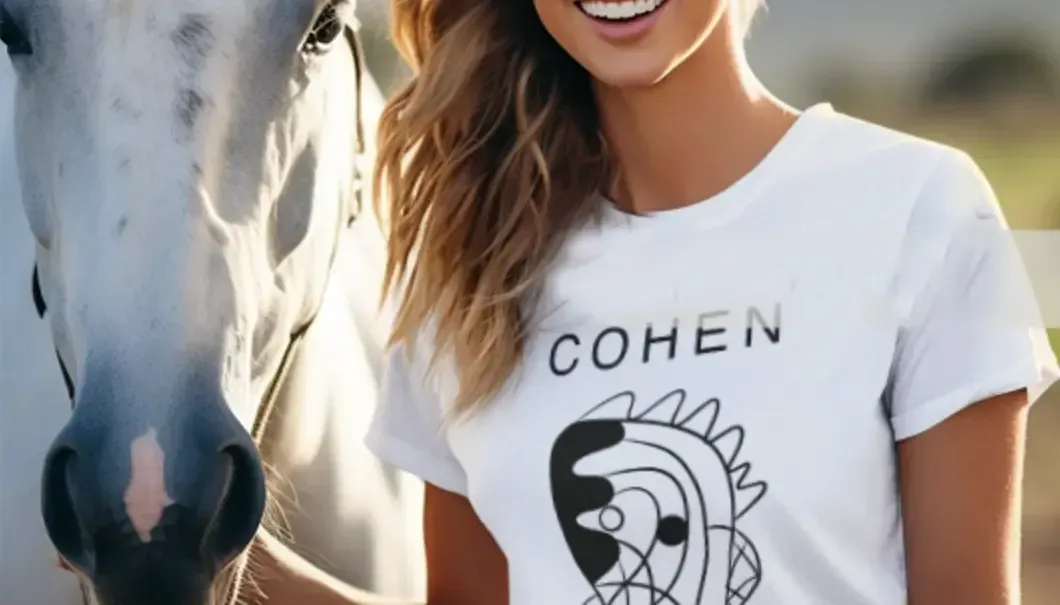 A woman wearing a cohen graphic t-shirt is standing next to a horse