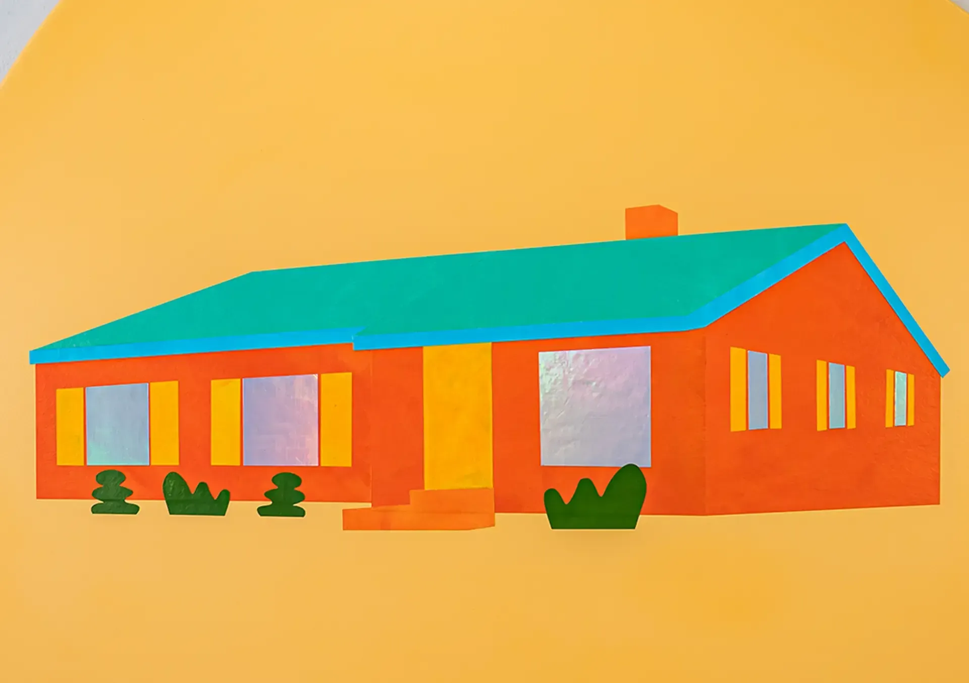 A painting of an orange house with a blue roof on a yellow background.