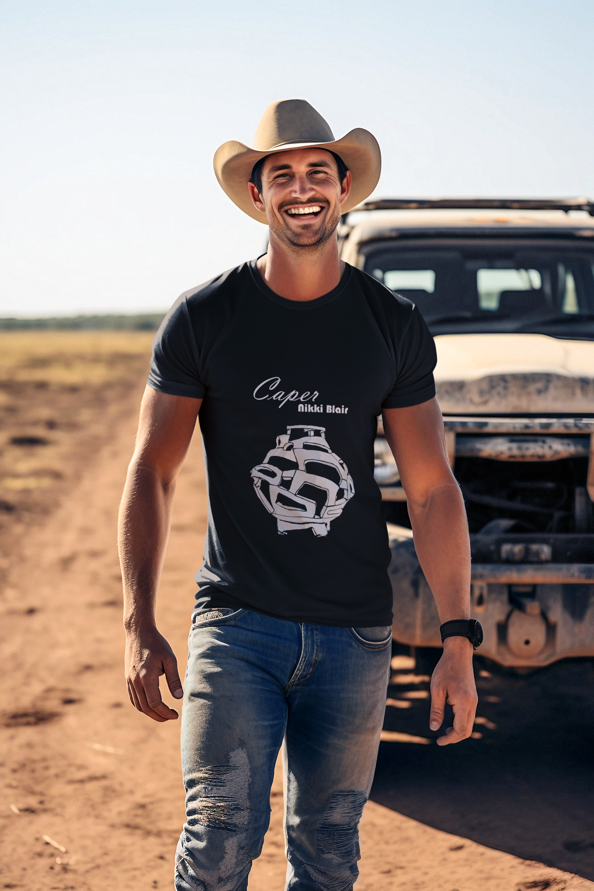 A woman with red hair is wearing a black t-shirt and a pink tutu.