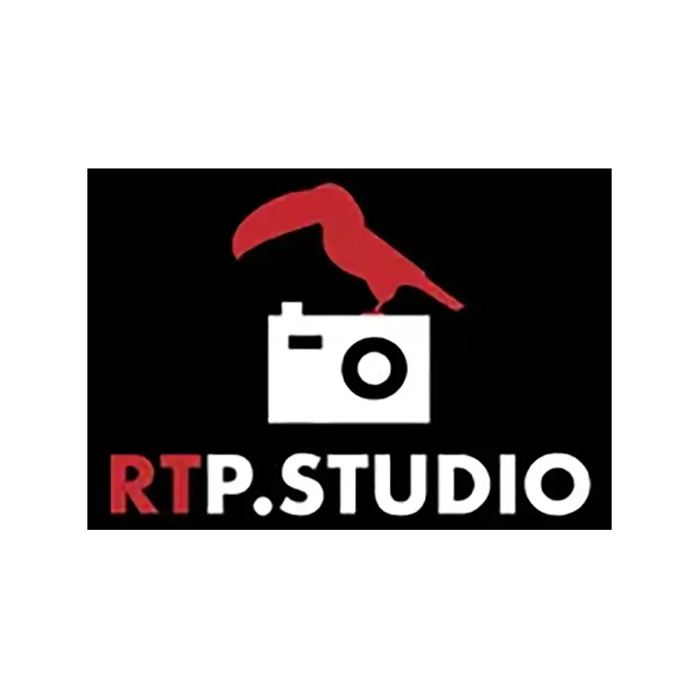 A logo for rtp studio with a bird on top of a camera.