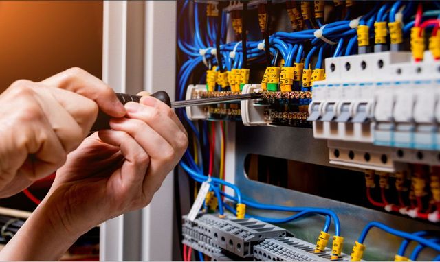 Hands using a screwdriver on electrical wiring in a breaker box.