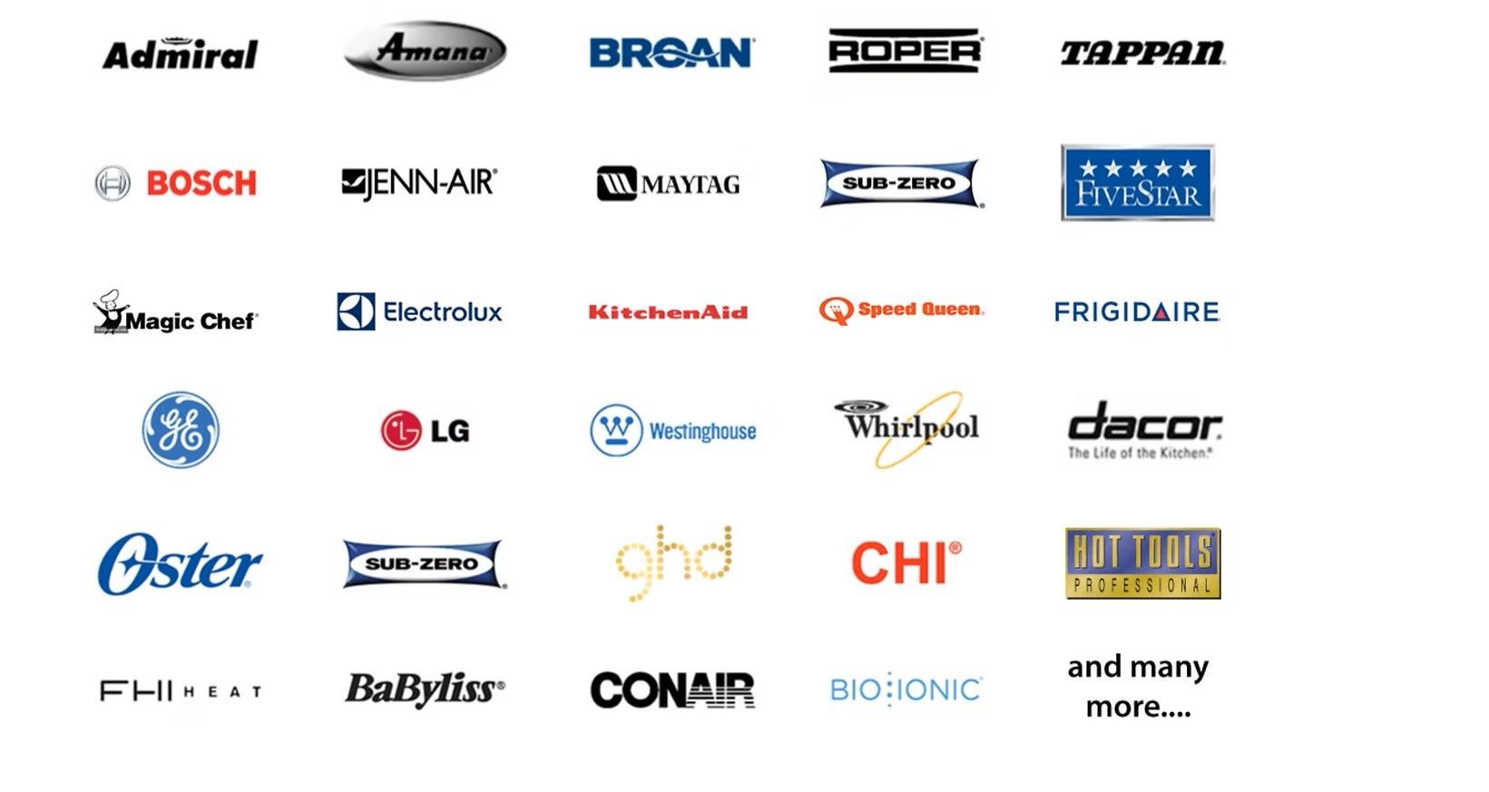 Logos of appliance and hair care brands, including Admiral, Bosch, LG, Oster, Conair.