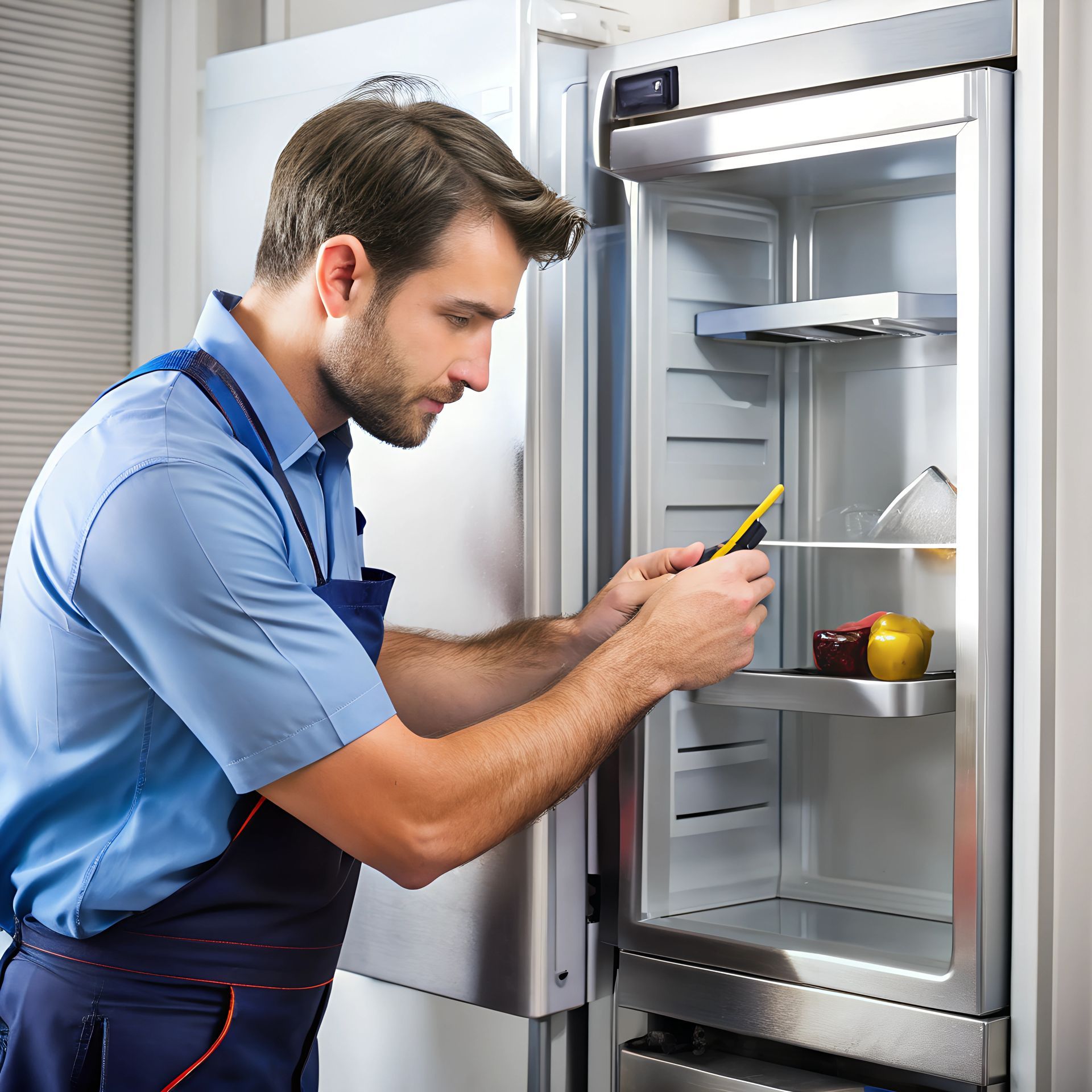 Man in blue overalls examines inside of a refrigerator with a thermometer.