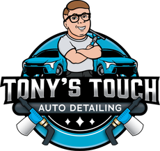 Logo for Tony's Touch Auto Detailing: cartoon man with cleaning tools, cars, and text. Blue and white colors.