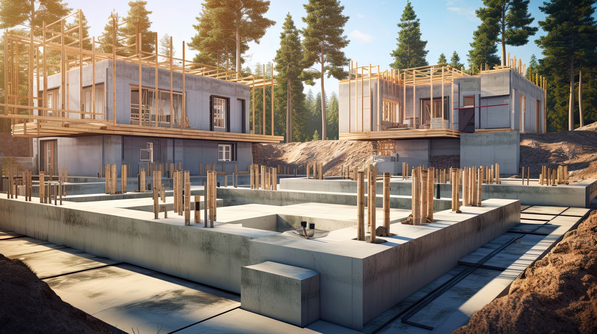 Chantier de construction avec deux bâtiments en béton en construction dans une forêt.