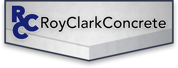 Roy Clark Concrete logo with blue &ldquo;RC&rdquo; and black text on a gray shield background