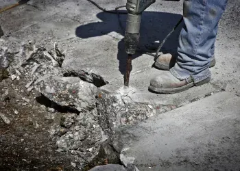 Worker using a jackhammer to break concrete pavement outdoors