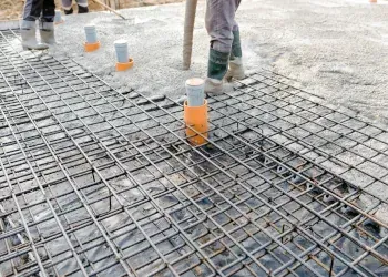 Workers pour concrete over a steel rebar grid with orange marker cones on a construction site