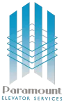 Paramount Elevator Solutions logo with teal geometric elevator motif and gray text