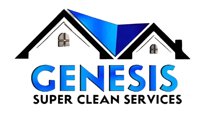 Logo for Genesis Super Clean Services: House silhouette with blue roof, black text "GENESIS" and "SUPER CLEAN SERVICES".
