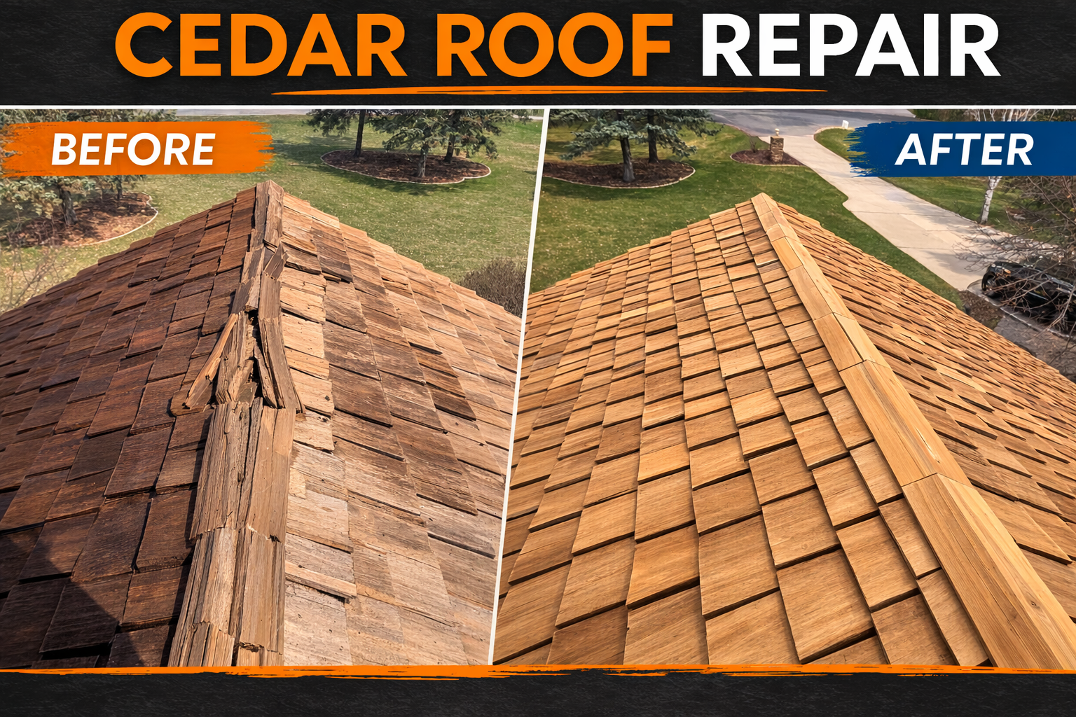 Split view showing a damaged cedar roof before and after repairs, featuring clean, replaced shingles and ridge cap.