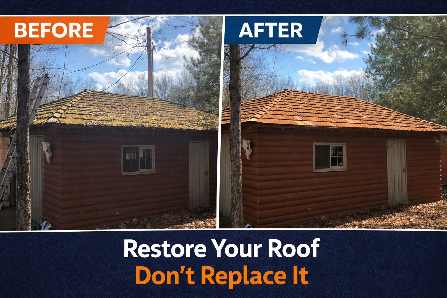 Before and after comparison of a cabin roof showing moss removal and restoration with the text 