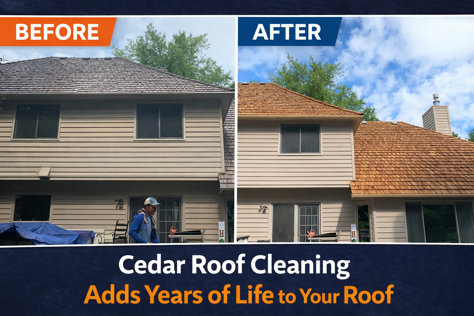 Before and after photos of a house with a cedar roof showing the difference in cleanliness after professional treatment.