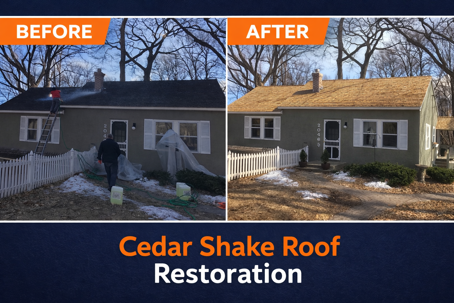Before and after photo of a house with a cedar shake roof being cleaned and restored to a lighter, natural color.